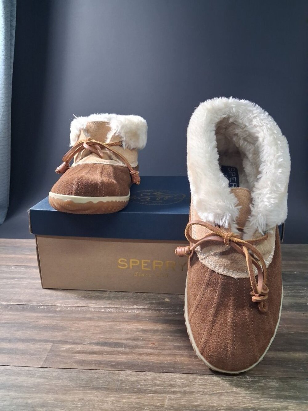 Sperry Top-Sider Elayna Women Duck Bootie Slipper Brown Suede Faux Fur Lined 8M
